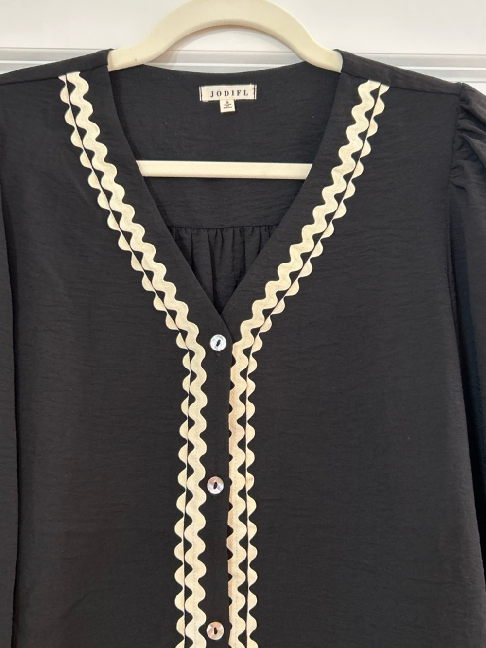 JODIFL Black Button-Front Blouse with Cream Rickrack Trim